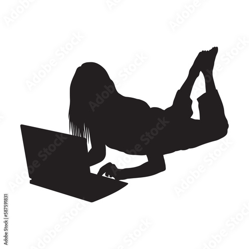 Woman lying prone position working on laptop vector silhouette.