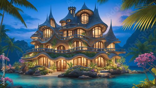 Illustration of an Art Nouveau style mansion on a tropical island - AI Generated