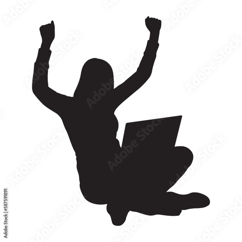 Woman sitting on the floor with laptop raised hands up vector silhouette.