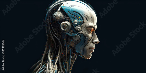 The Integration of Man and Machine: Technologically Improved Human Head. Generative AI © Bartek