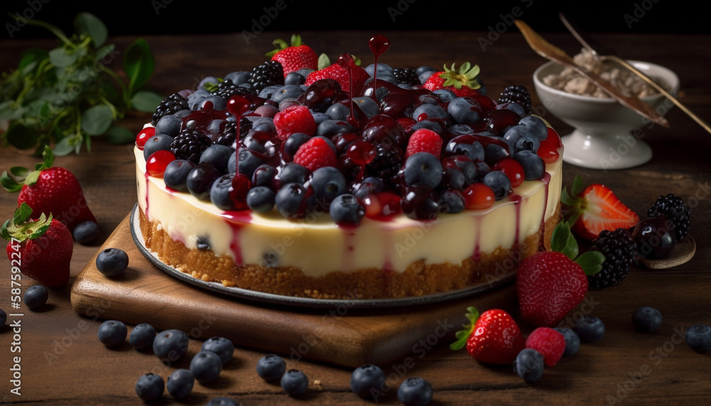Whipped cream on berry cheesecake slice refreshment generated by AI Whipped cream on berry cheesecake slice refreshment generated by AI