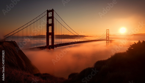 Golden suspension bridge vanishes into foggy dusk generated by AI