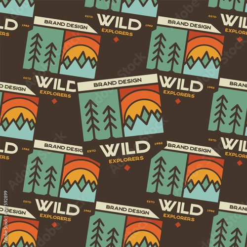 Camping seamless pattern. Travel wallpaper with forest wild badges. Stock vector wallpaper background