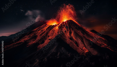 Erupting volcano spews flame and smoke outdoors generated by AI