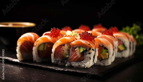 Gourmet sushi plate with fresh seafood varieties generated by AI