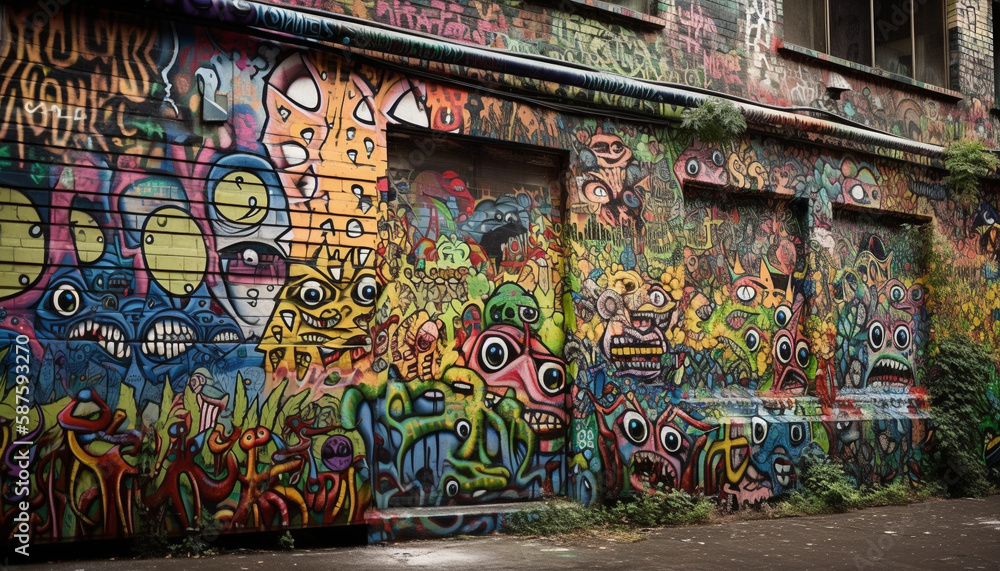 Fototapeta premium Colorful graffiti takes over old city street generated by AI