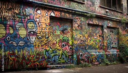 Colorful graffiti takes over old city street generated by AI