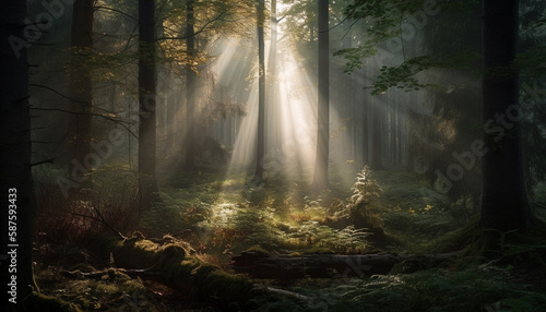 Mystery forest in tranquil autumn dawn light generated by AI © Jeronimo Ramos