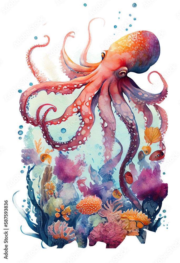 Watercolor of octopus, octopus swimming underwater in the ocean