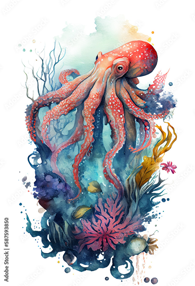 Watercolor of octopus, octopus swimming underwater in the ocean ...