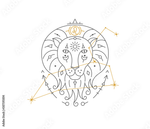 Leo astrological symbol with Zodiac constellation, connected stars. Lion astrology horoscope sign and stars on white background thin line vector illustration