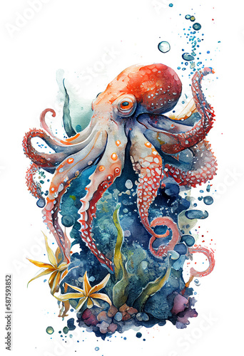 Watercolor of octopus, octopus swimming underwater in the ocean, Generative AI