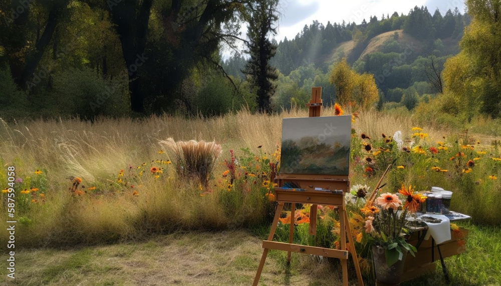 Fototapeta premium Artist paints tranquil meadow of wildflowers and trees generated by AI