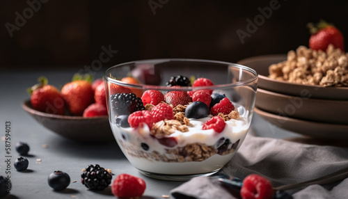 Rustic granola and berry parfait on wood table generated by AI