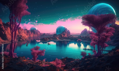 A magical landscape of a turquoise lake surrounded by mountains  trees and bubbles in a vast alien desert. Generative AI