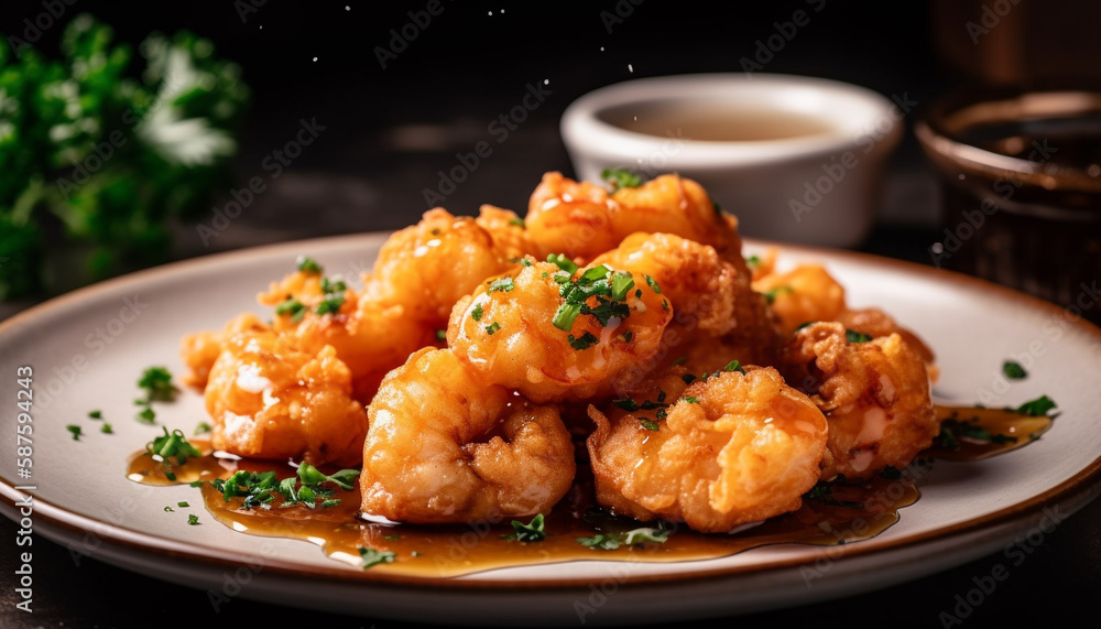 Gourmet seafood appetizer, deep fried for freshness generated by AI Gourmet seafood appetizer, deep fried for freshness generated by AI