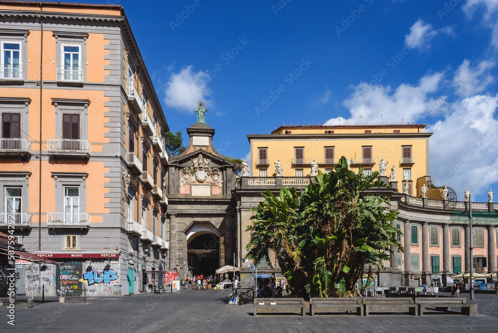Naples, Italy. View of Piazza Dante with the ancient Port'Alba gate on the left. 2022-08-20.