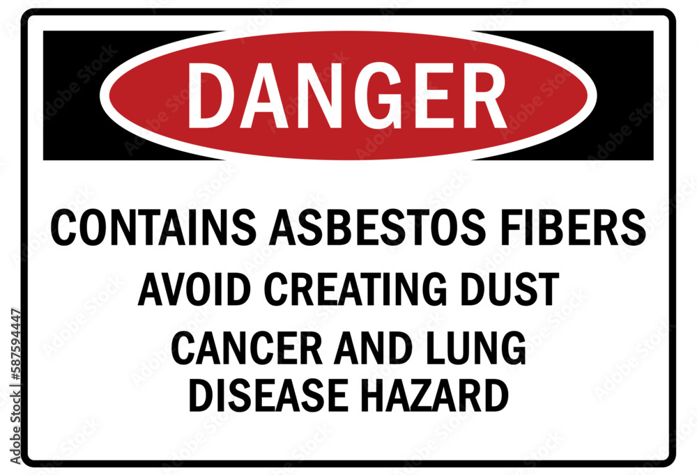 Asbestos chemical hazard sign and labels contains asbestos fibers. Avoid creating dust. Cancer and lung disease hazard Asbestos chemical hazard sign and labels contains asbestos fibers. Avoid creating dust. Cancer and lung disease hazard