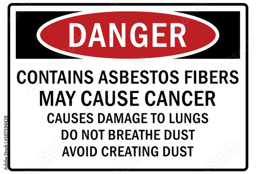 Asbestos chemical hazard sign and labels contains asbestos fibers. May cause cancer. Causes damage to lungs. Do not breathe dust. Avoid creating dust