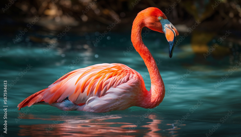 Fototapeta premium Flamingo elegance in tranquil Caribbean waters generated by AI