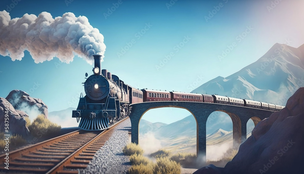 Fototapeta premium minimalist background with steam train on the bridge. Generative AI