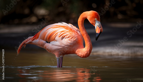 Greater flamingo wading in tranquil pink pond generated by AI