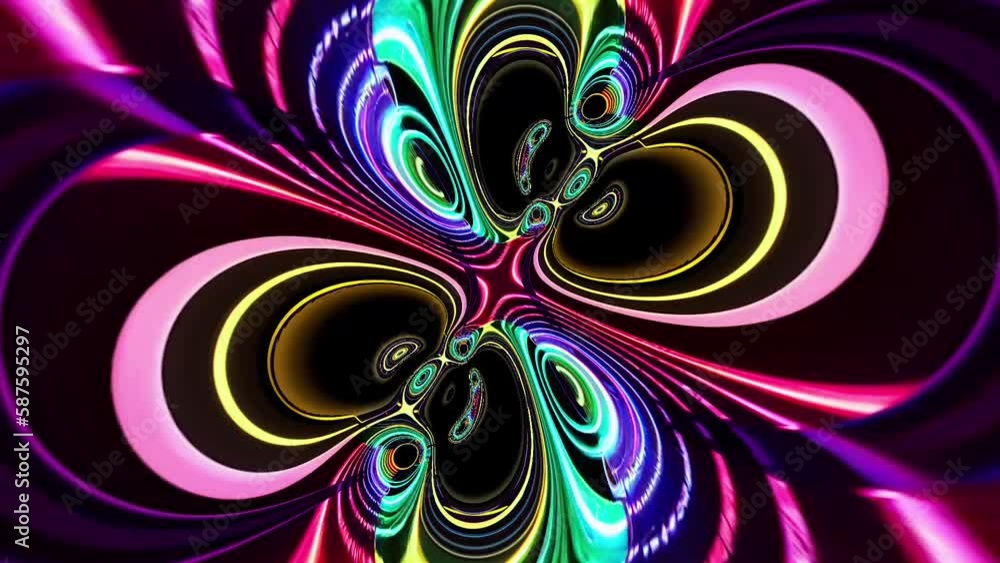 Neon vortex swirling kaleidescope abstract rainbow blacklight colors animation for vj dj performance motion background, trippy surreal beautiful seamless looping animated backdrop music visualizer