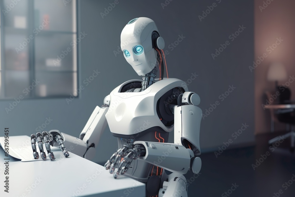 White Robot working on a Computer made with Generative AI White Robot working on a Computer made with Generative AI