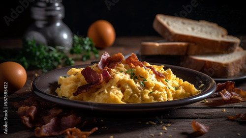 Scrambled eggs with fried bacon and sausage and toast. Satisfying Scrambled Eggs with Savory Bacon and Toast