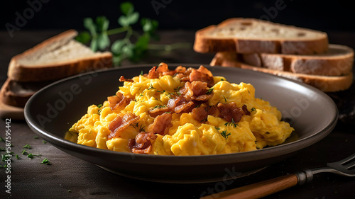 Scrambled eggs with fried bacon and sausage and toast. Classic Breakfast Delight Eggs, Bacon, Sausage, and Toast