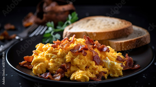 Scrambled eggs with fried bacon and sausage and toast. Scrumptious Scrambled Eggs and Bacon Breakfast Feast