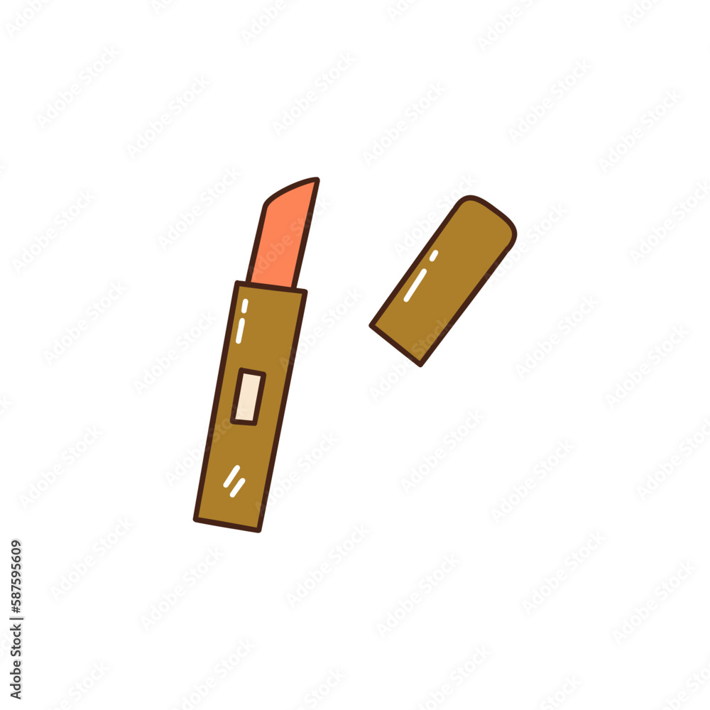 Womens red lipstick with the cap off. Moisturizing lip balm, beauty and fashion, makeup accessory. Colorful vector isolated illustration hand drawn doodle with contour. Icon or card Womens red lipstick with the cap off. Moisturizing lip balm, beauty and fashion, makeup accessory. Colorful vector isolated illustration hand drawn doodle with contour. Icon or card
