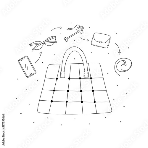 Womens roomy patchwork tote bag and things from it. Headphones and phone, wallet and keys, sunglasses. Black and white vector isolated illustration hand drawn doodle