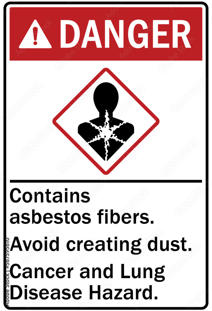 Asbestos chemical hazard sign and labels contains asbestos fibers. Avoid creating dust. Cancer and lung disease hazard Asbestos chemical hazard sign and labels contains asbestos fibers. Avoid creating dust. Cancer and lung disease hazard