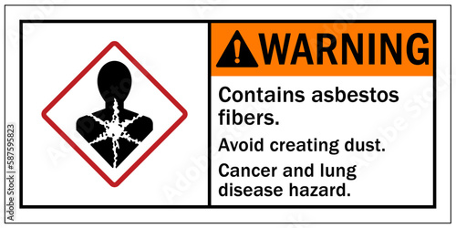 Asbestos chemical hazard sign and labels contains asbestos fibers. Avoid creating dust. Cancer and lung disease hazard photo