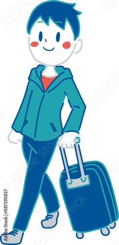 トランクを引いて歩いている人物のカラーイラスト