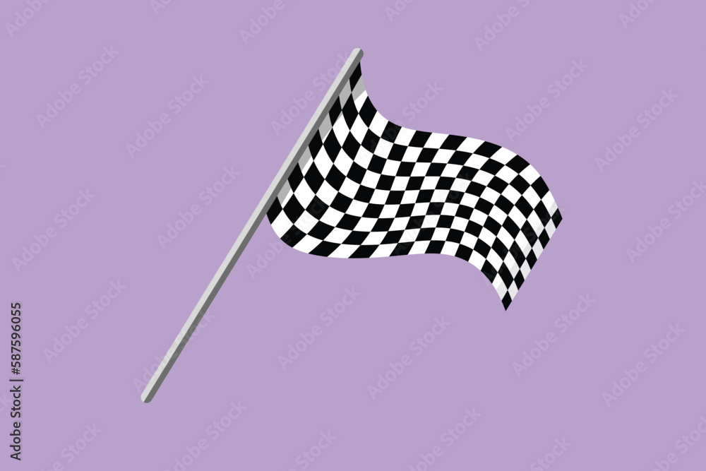 Character flat drawing stylized finish flag icon, logo, label, flyer, template. Racing sign symbol. Checkered racing flag. Black and white flag. Finish, start mark. Cartoon design vector illustration