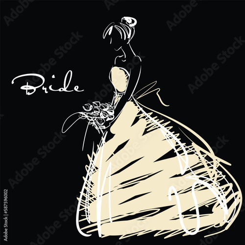 art sketching beautiful young  bride in light cream silk dress with full skirt and bow; bride's bouquet; freehand isolated vector illustration, black background, space for text, card for wedding