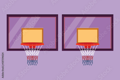 Cartoon flat style drawing basketball hoop or basketball basket logo, template, label, icon, symbol. Net with round circle, equipment of sport gym. Sportive basket. Graphic design vector illustration