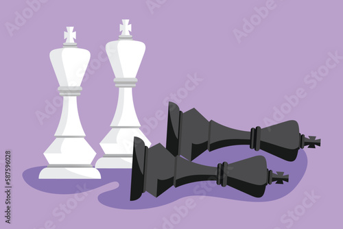 Character flat drawing figures of wooden chess on chessboard logo. King, queen of opposing team. Composition for tourney. Queen chess figure as symbol of leadership. Cartoon design vector illustration