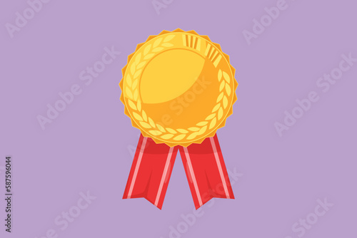 Cartoon flat style drawing gold medal or winner award icon, logo. Circle awards with ribbons. Achievement symbol from competition, tournament, league, performance. Graphic design vector illustration