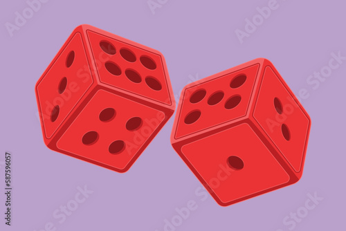 Cartoon flat style drawing two red dice logo, label, flyer, symbol. Dice with black dots. Dice cube icon, mobile game. Outline cube by black contour for table game. Graphic design vector illustration