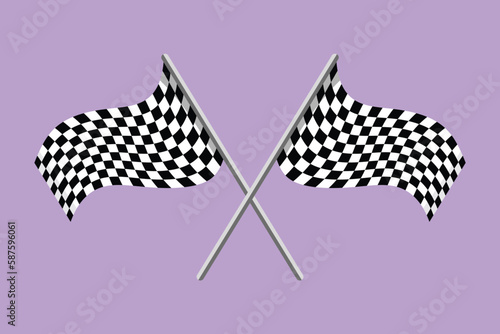 Graphic flat design drawing pair of finish flag icon, logo, label, template. Racing sign or symbol. Checkered racing flag. Black and white flag. Finish, start mark. Cartoon style vector illustration