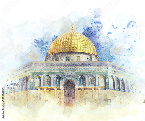 Watercolor painting of a dome of the rock in Al-Quds, Jerusalem. photo