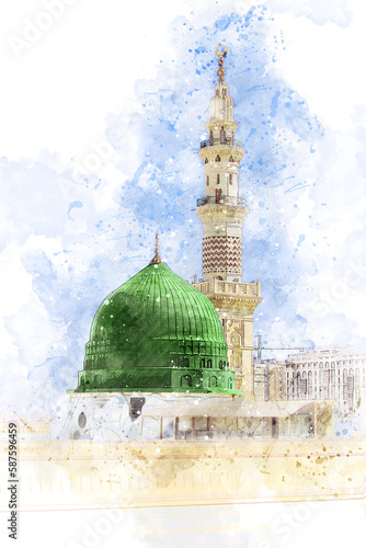 Watercolor painting of a green dome of a mosque. photo