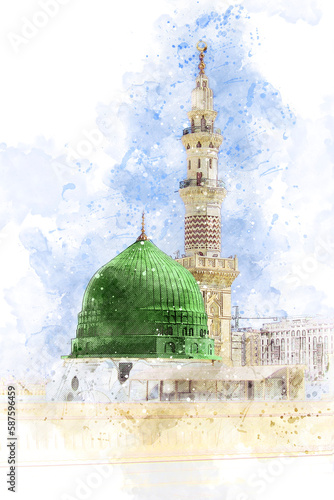 Watercolor painting of a green dome of a mosque.