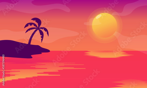 Sunset or sunrise Panoramic beach view vector illustration  sea beach and sun  ocean sunrise  palms