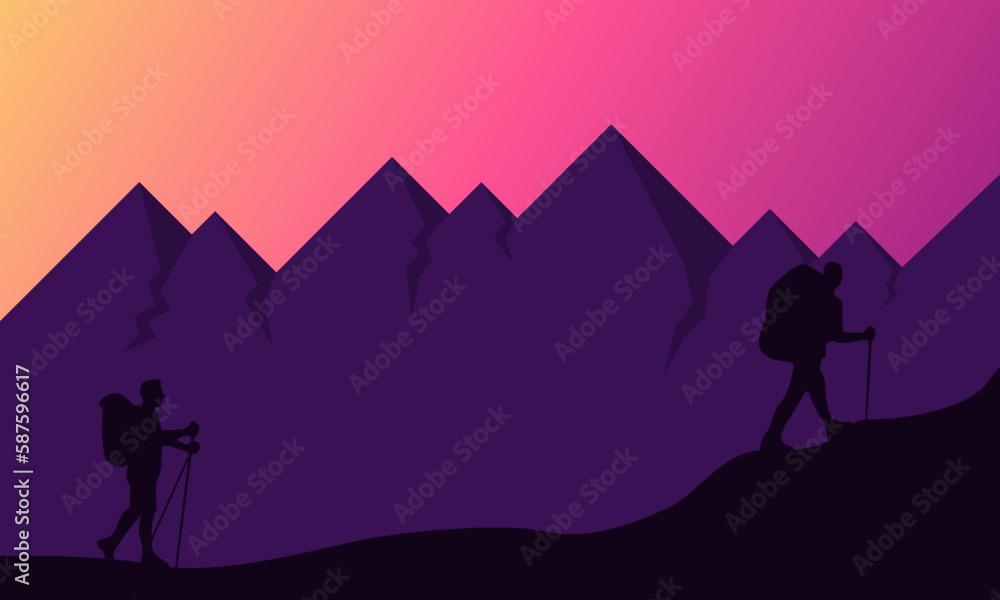 mountain landscapes in a flat style with silhouette hiker. Natural wallpapers. Sunrise, misty terrain with slopes, Clear sky vector illustration