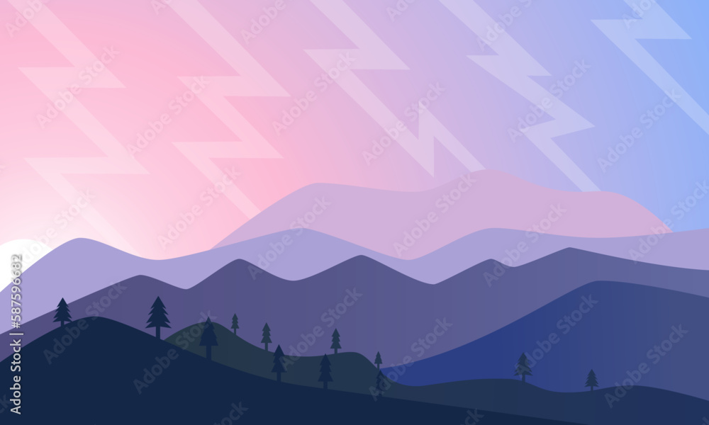 mountain or Hill landscapes in a flat style. Natural wallpapers. Sunrise, misty terrain with slopes, Clear sky vector illustration