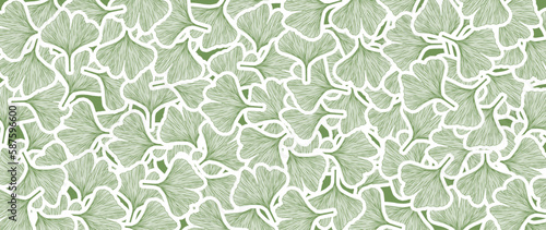 Luxury nature green background vector. Floral pattern, Ginkgo plant line arts, Vector illustration.